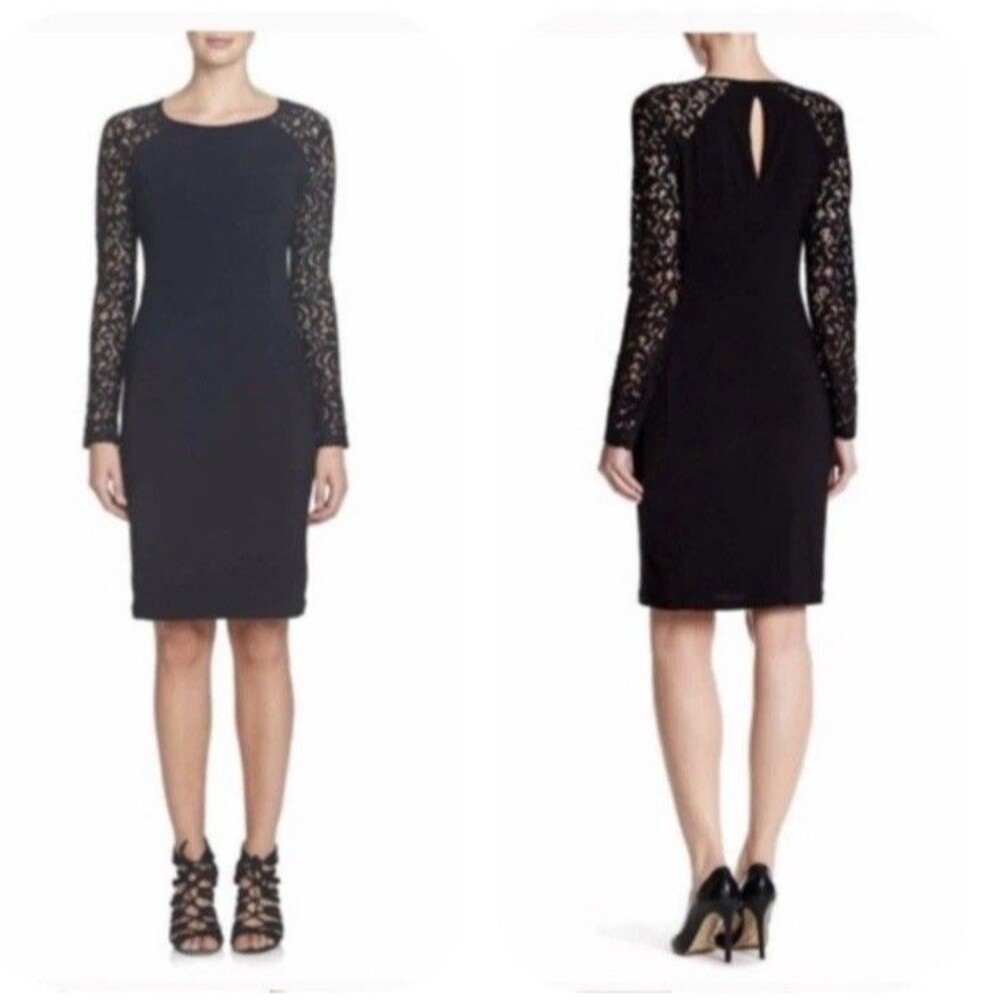 Cynthia Steffe Black Cocktail Dress Women Size Medium Long Lace Sleeve Sheath